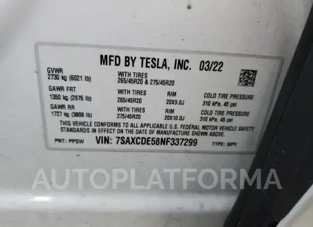 TESLA MODEL X 2022 vin 7SAXCDE58NF337299 from auto auction Copart