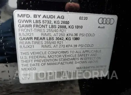 AUDI SQ5 PREMIU 2020 vin WA1B4AFY5L2078616 from auto auction Copart