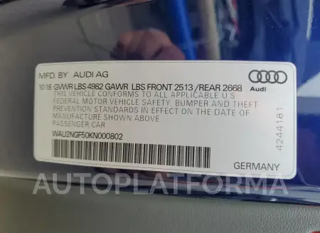 AUDI A5 PRESTIG 2019 vin WAU2NGF50KN000802 from auto auction Copart