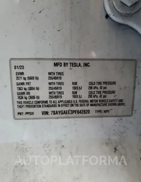 TESLA MODEL Y 2023 vin 7SAYGAEE3PF642820 from auto auction Copart