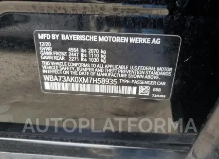 BMW 228XI 2021 vin WBA73AK0XM7H58935 from auto auction Copart