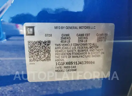 CHEVROLET BOLT EV PR 2018 vin 1G1FX6S01J4139594 from auto auction Copart