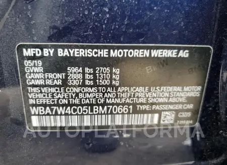 BMW 745XE 2020 vin WBA7W4C05LBM70661 from auto auction Copart