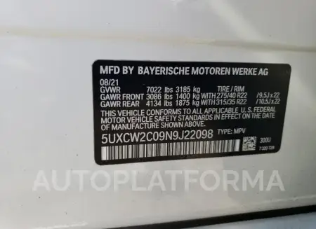 BMW X7 XDRIVE4 2022 vin 5UXCW2C09N9J22098 from auto auction Copart