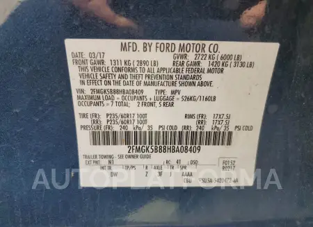 FORD FLEX SE 2017 vin 2FMGK5B88HBA08409 from auto auction Copart