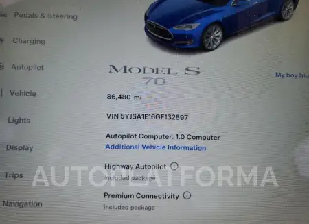 TESLA MODEL S 2016 vin 5YJSA1E16GF132897 from auto auction Copart