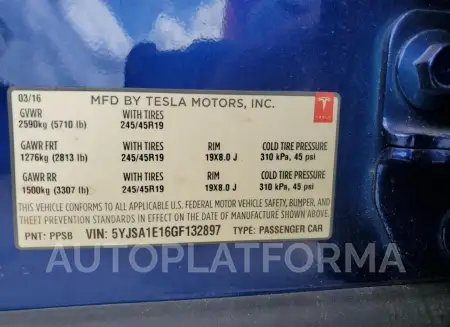 TESLA MODEL S 2016 vin 5YJSA1E16GF132897 from auto auction Copart