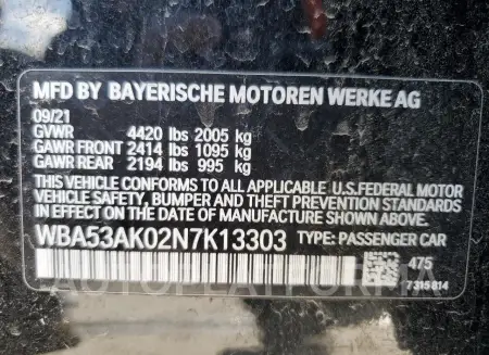 BMW 228I 2022 vin WBA53AK02N7K13303 from auto auction Copart