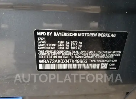 BMW 228XI 2022 vin WBA73AK0XN7K49863 from auto auction Copart