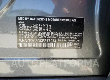 BMW 740 I 2019 vin WBA7E2C53KB217274 from auto auction Copart