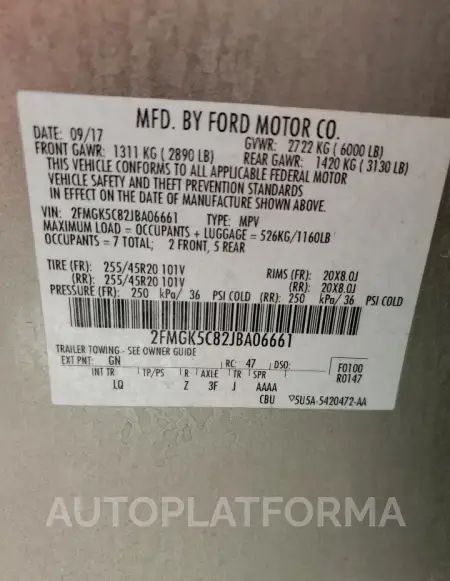 FORD FLEX SEL 2018 vin 2FMGK5C82JBA06661 from auto auction Copart