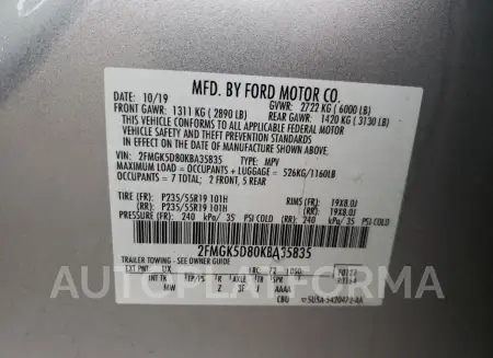 FORD FLEX LIMIT 2019 vin 2FMGK5D80KBA35835 from auto auction Copart