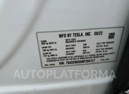 TESLA MODEL X 2022 vin 7SAXCBE65NF359127 from auto auction Copart