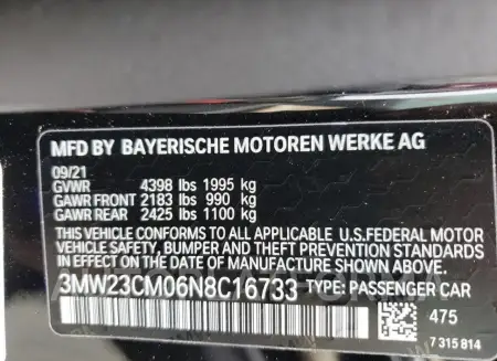 BMW 230I 2022 vin 3MW23CM06N8C16733 from auto auction Copart