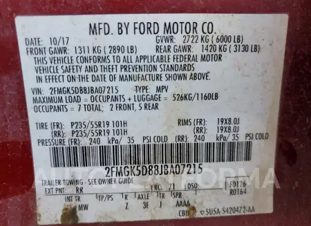 FORD FLEX LIMIT 2018 vin 2FMGK5D88JBA07215 from auto auction Copart