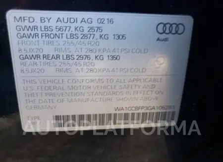 AUDI SQ5 PREMIU 2016 vin WA1CCBFP3GA105263 from auto auction Copart