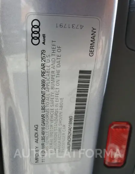 AUDI A5 PRESTIG 2019 vin WAUFNCF52KA018980 from auto auction Copart