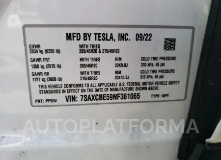 TESLA MODEL X 2022 vin 7SAXCBE59NF361065 from auto auction Copart