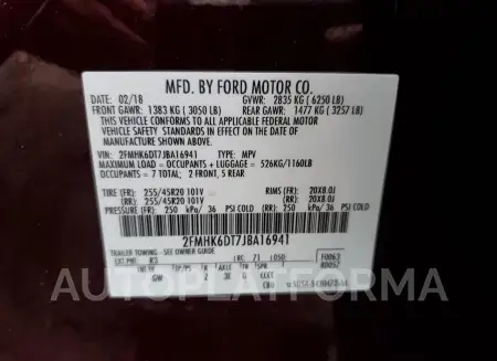 FORD FLEX LIMIT 2018 vin 2FMHK6DT7JBA16941 from auto auction Copart