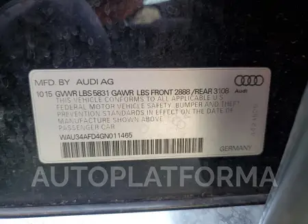 AUDI A8 L QUATT 2016 vin WAU34AFD4GN011465 from auto auction Copart