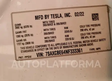 TESLA MODEL X 2022 vin 7SAXCBE64NF333361 from auto auction Copart