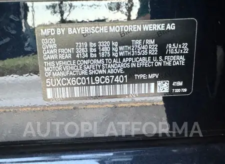 BMW X7 M50I 2020 vin 5UXCX6C01L9C67401 from auto auction Copart