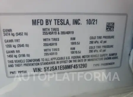 TESLA MODEL S 2021 vin 5YJSA1E59MF451290 from auto auction Copart