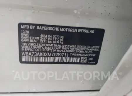 BMW 228XI 2021 vin WBA73AK0XM7G99711 from auto auction Copart