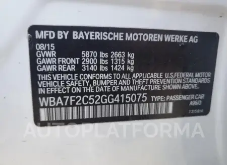 BMW 750 XI 2016 vin WBA7F2C52GG415075 from auto auction Copart