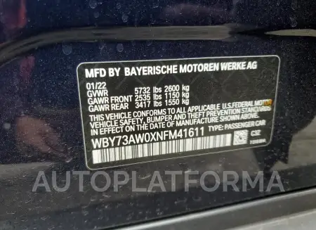 BMW I4 EDRIVE4 2022 vin WBY73AW0XNFM41611 from auto auction Copart