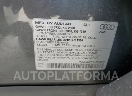 AUDI SQ5 PREMIU 2018 vin WA1A4AFY8J2154192 from auto auction Copart