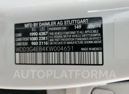 MERCEDES-BENZ A 220 2019 vin WDD3G4EB4KW004651 from auto auction Copart