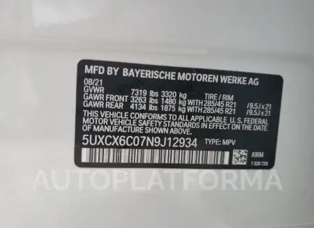 BMW X7 M50I 2022 vin 5UXCX6C07N9J12934 from auto auction Copart