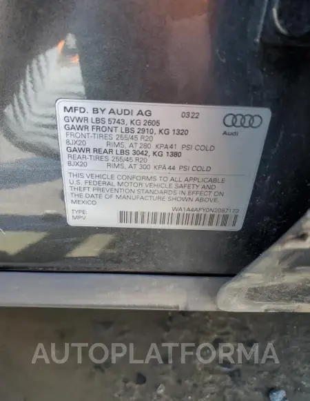 AUDI SQ5 PREMIU 2022 vin WA1A4AFY0N2087173 from auto auction Copart