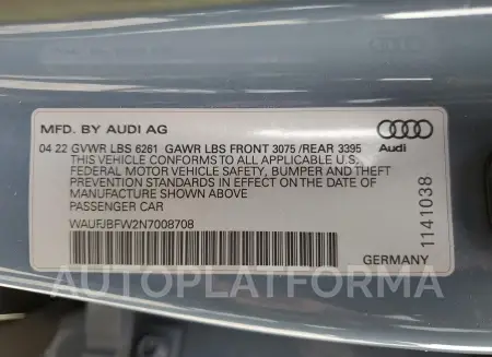 AUDI E-TRON GT 2022 vin WAUFJBFW2N7008708 from auto auction Copart