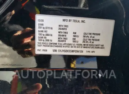 TESLA MODEL Y 2021 vin 5YJYGDEE5MF094104 from auto auction Copart