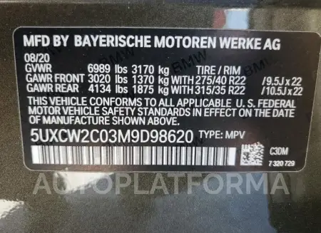 BMW X7 XDRIVE4 2021 vin 5UXCW2C03M9D98620 from auto auction Copart