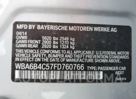 BMW 650 XI GRA 2015 vin WBA6B4C57FD760766 from auto auction Copart