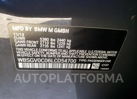 BMW M8 2020 vin WBSGV0C06LCD54700 from auto auction Copart