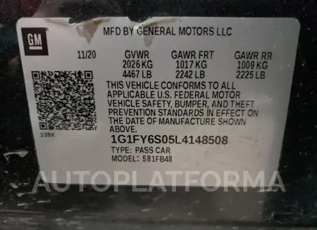 CHEVROLET BOLT EV LT 2020 vin 1G1FY6S05L4148508 from auto auction Copart