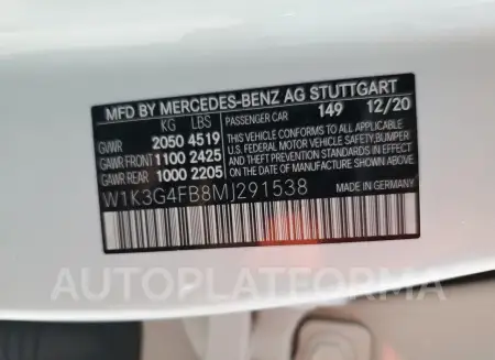 MERCEDES-BENZ A 220 4MAT 2021 vin W1K3G4FB8MJ291538 from auto auction Copart