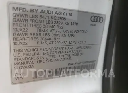 AUDI Q8 PRESTIG 2019 vin WA1FVAF17KD025887 from auto auction Copart