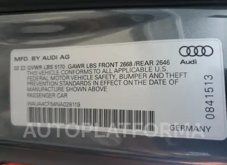 AUDI S5 PREMIUM 2022 vin WAUA4CF54NA028119 from auto auction Copart