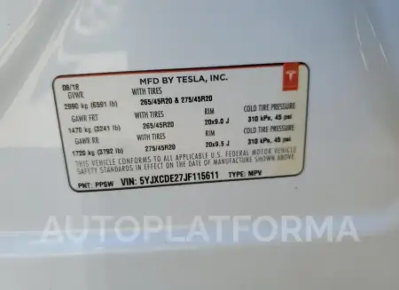 TESLA MODEL X 2018 vin 5YJXCDE27JF115611 from auto auction Copart