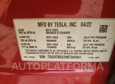 TESLA MODEL X 2022 vin 7SAXCBE62NF340941 from auto auction Copart