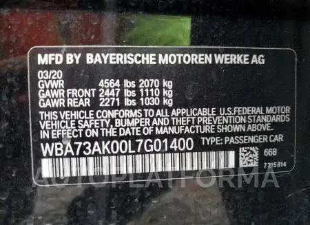 BMW 228XI 2020 vin WBA73AK00L7G01400 from auto auction Copart