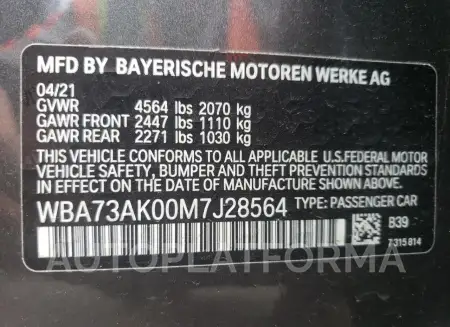 BMW 228XI 2021 vin WBA73AK00M7J28564 from auto auction Copart