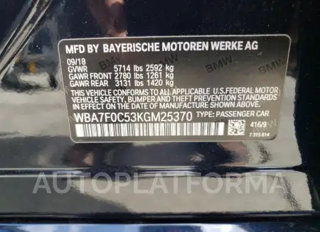 BMW 750 I 2019 vin WBA7F0C53KGM25370 from auto auction Copart