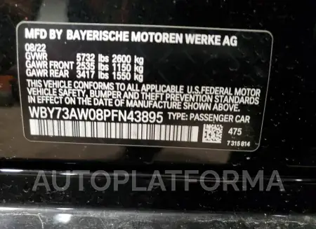 BMW I4 EDRIVE4 2023 vin WBY73AW08PFN43895 from auto auction Copart