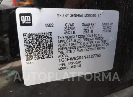 CHEVROLET BOLT EV 1L 2022 vin 1G1FW6S04N4127755 from auto auction Copart